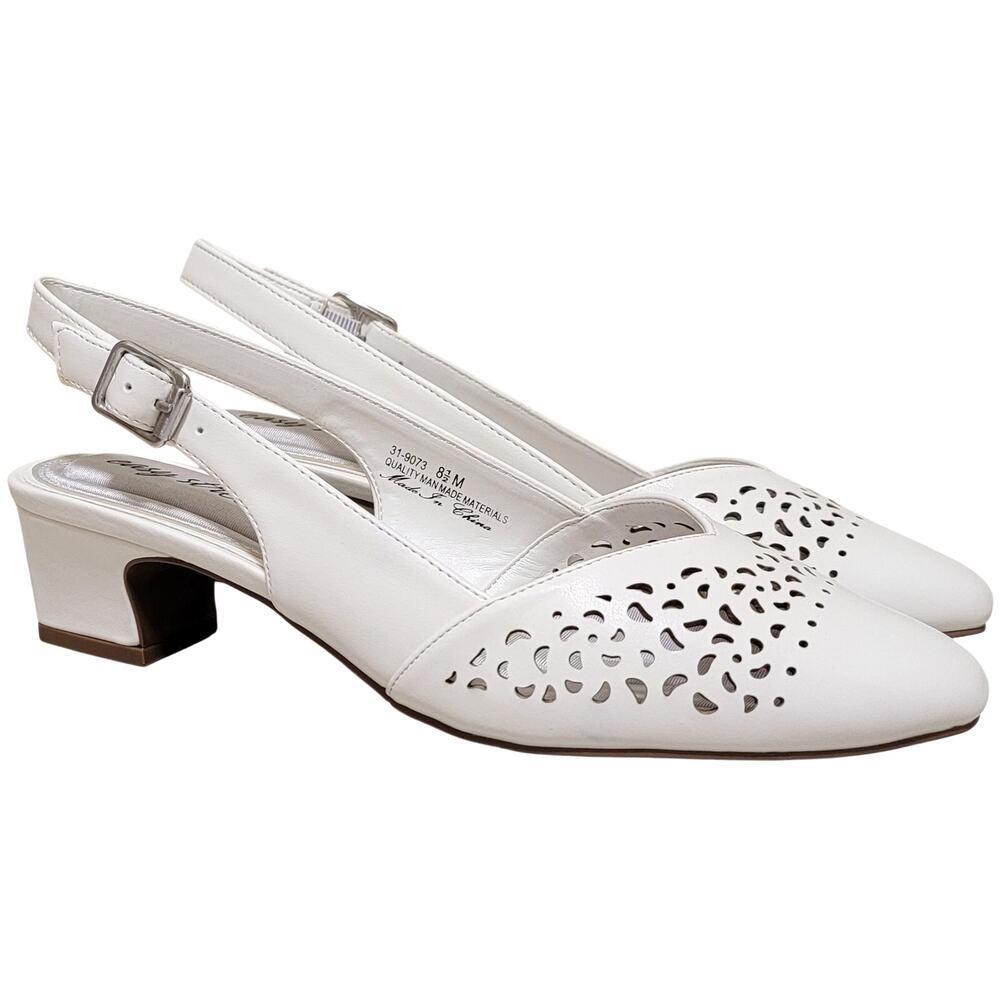 Easy Street Women Sofie Slingback Low Pump Heels Size US 8.5M White Faux Leather